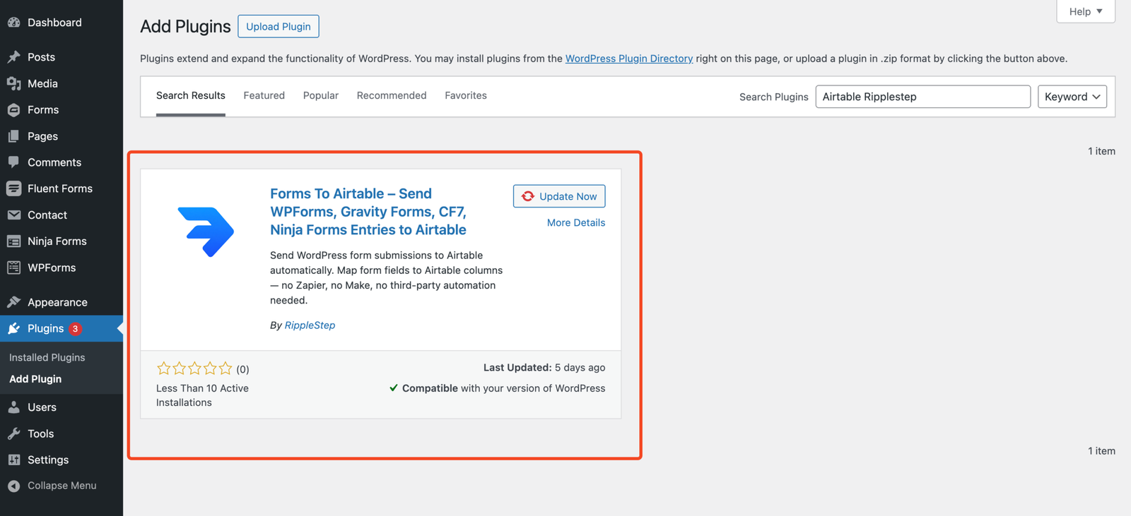 WordPress Add New Plugin screen showing Integration for Airtable search result and Install button