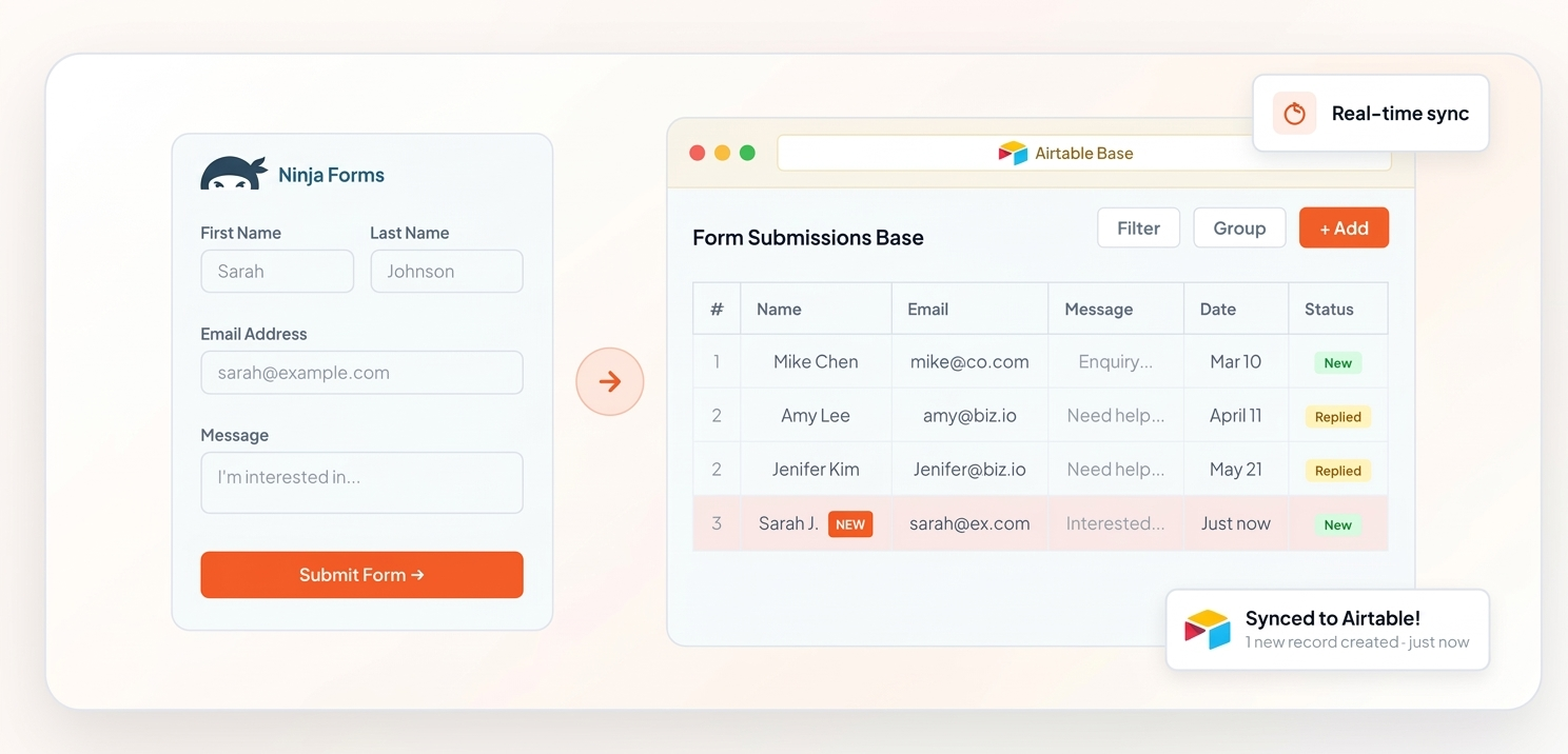 Ninja Forms to Airtable real-time sync — form submission flows directly into Airtable record