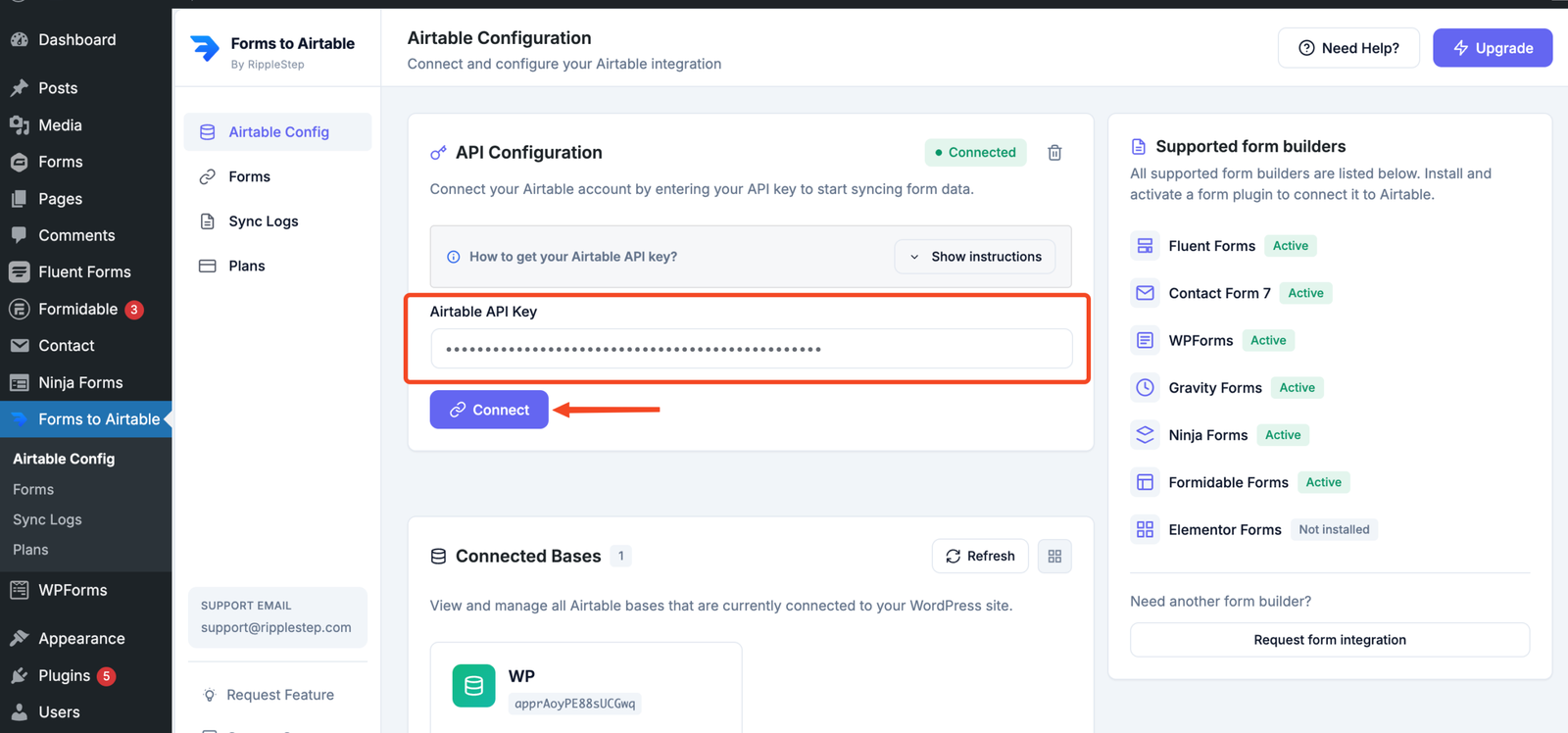 Integration for Airtable WordPress settings page — Airtable Config tab with token input field and Verify button