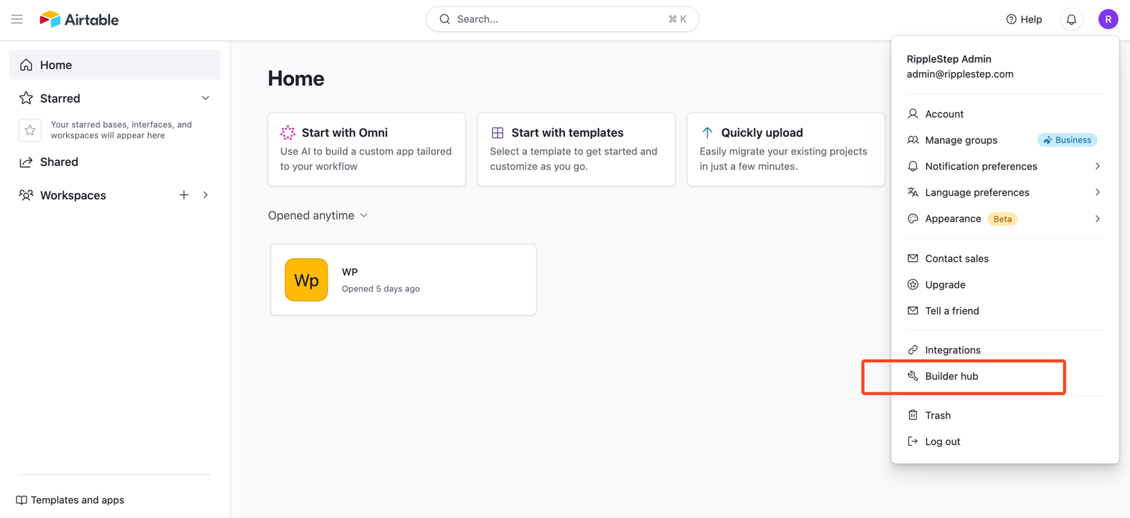 Airtable account area showing Builders hub and Personal access tokens menu