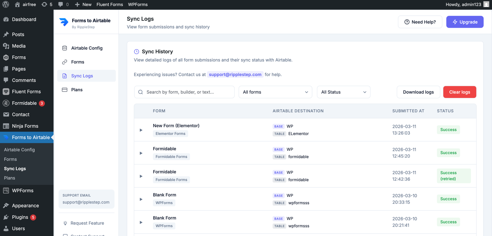 Plugin logs tab showing successful sync entry and the matching new record in Airtable table