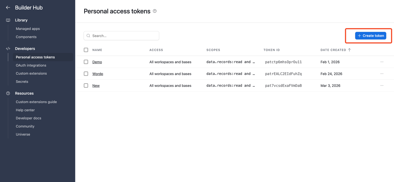 Create new personal access token modal with name field and base access selection