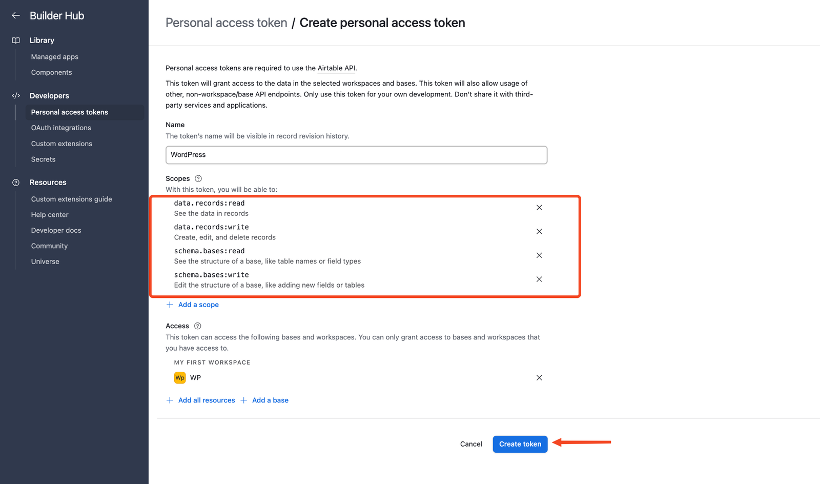 Personal access token scopes panel with data.records:write and schema.bases:read selected