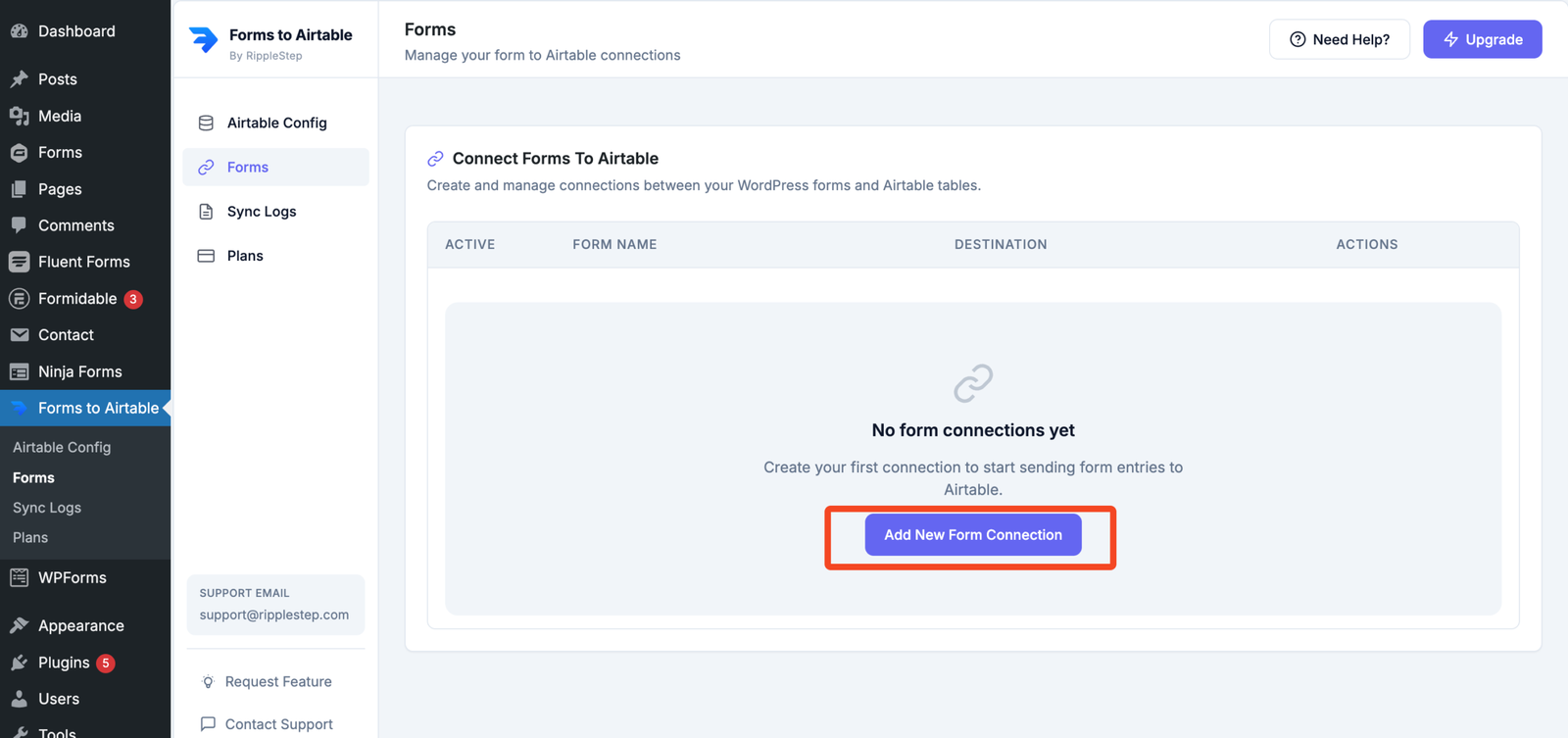Forms to Airtable plugin — Forms tab with Create new form connection button highlighted