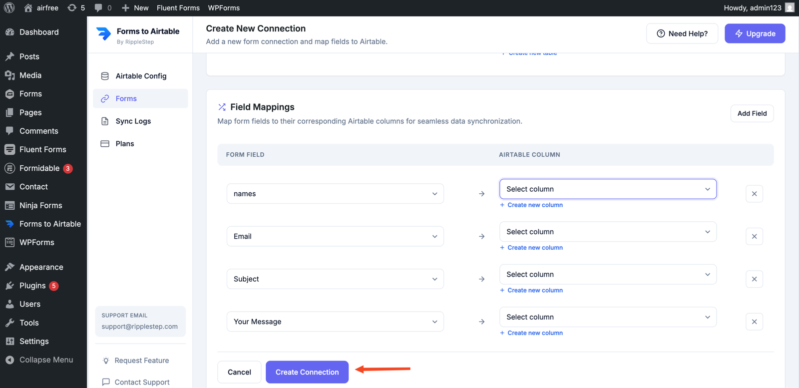 Field mapping interface — each Ninja Forms field matched to its Airtable column with dropdown selectors