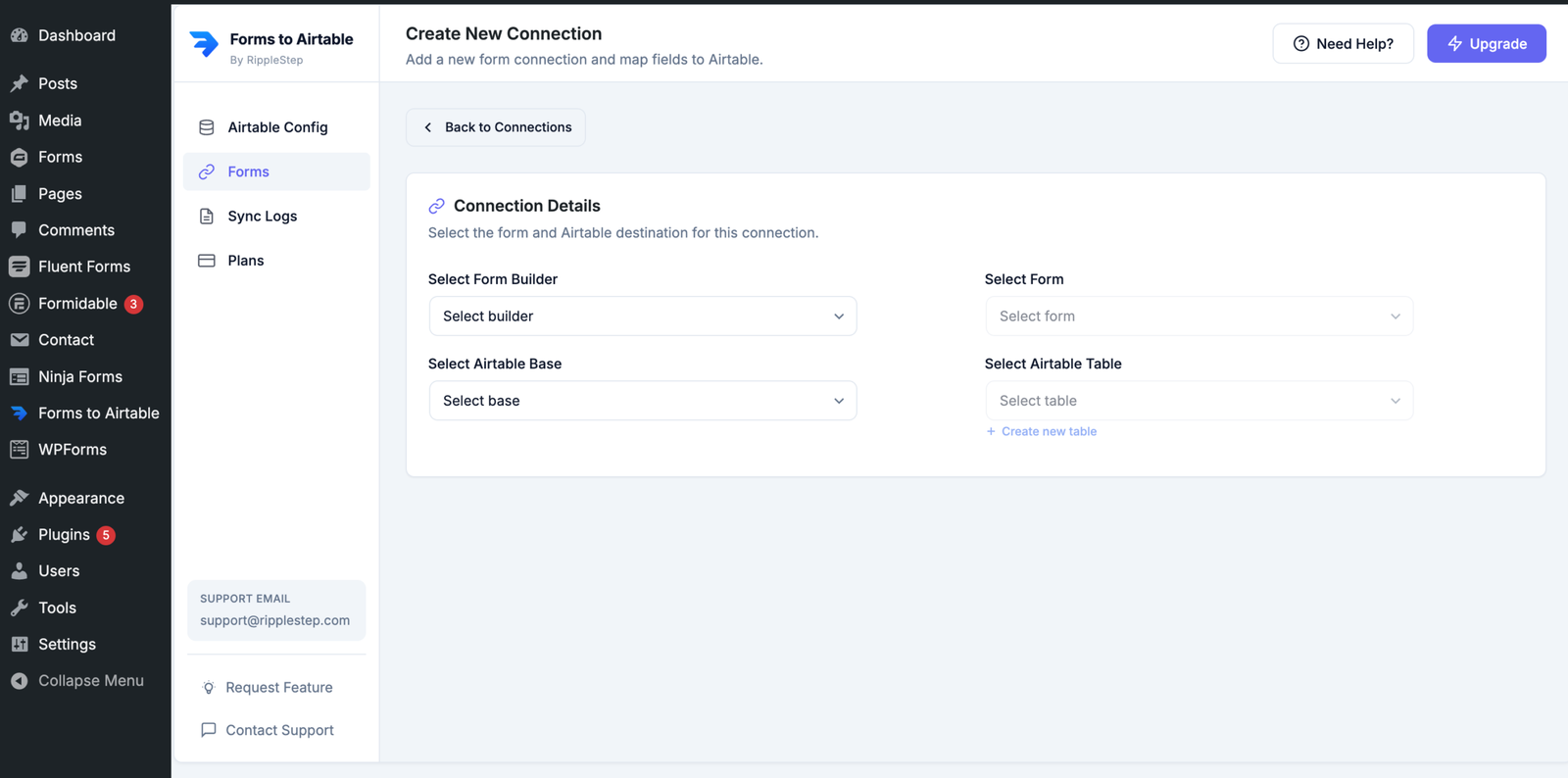 Connection wizard showing Ninja Forms selected as builder with form, Airtable base and table dropdowns