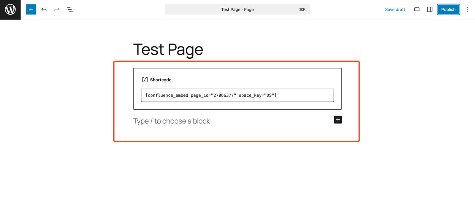 WordPress shortcode block with confluence_embed page_id and space_key