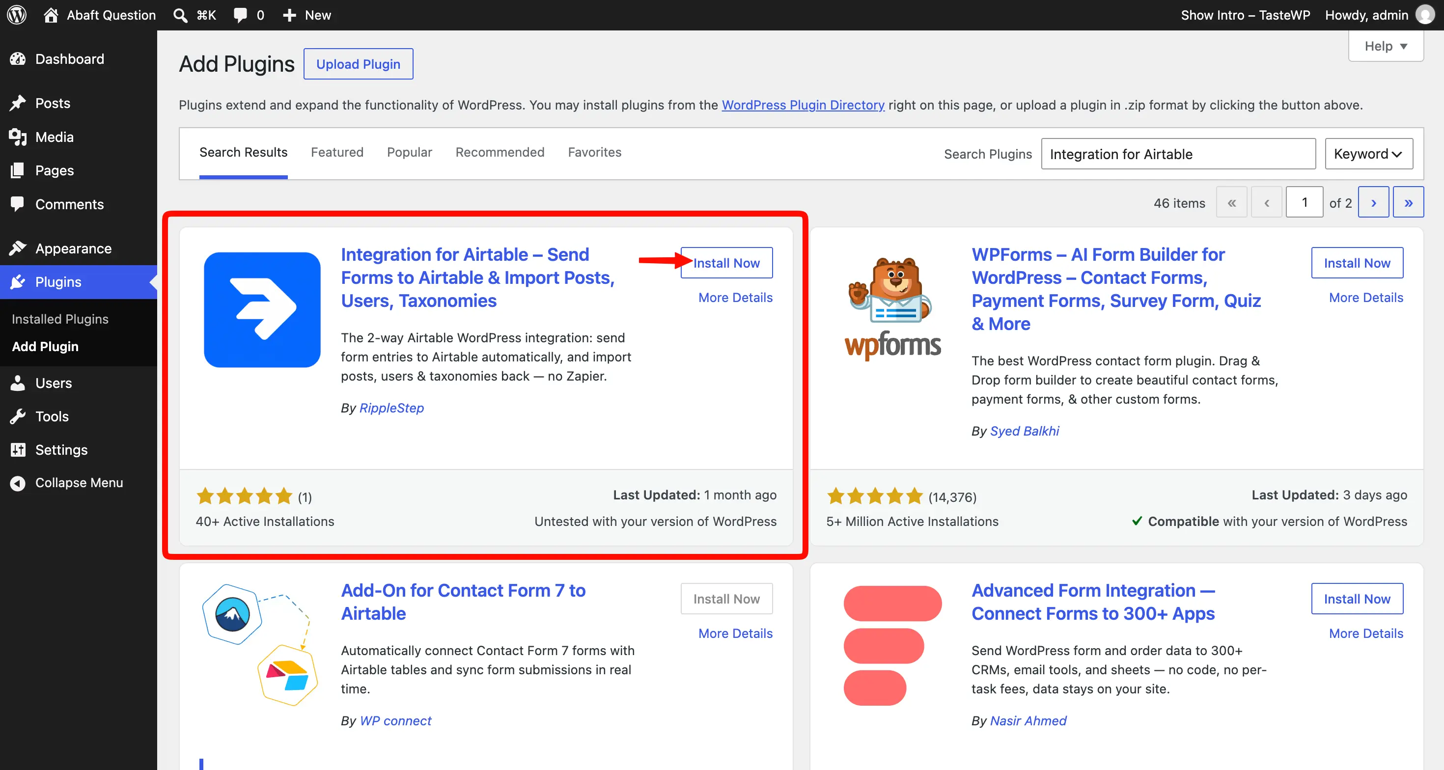WordPress Plugins screen showing Integration for Airtable ready to install