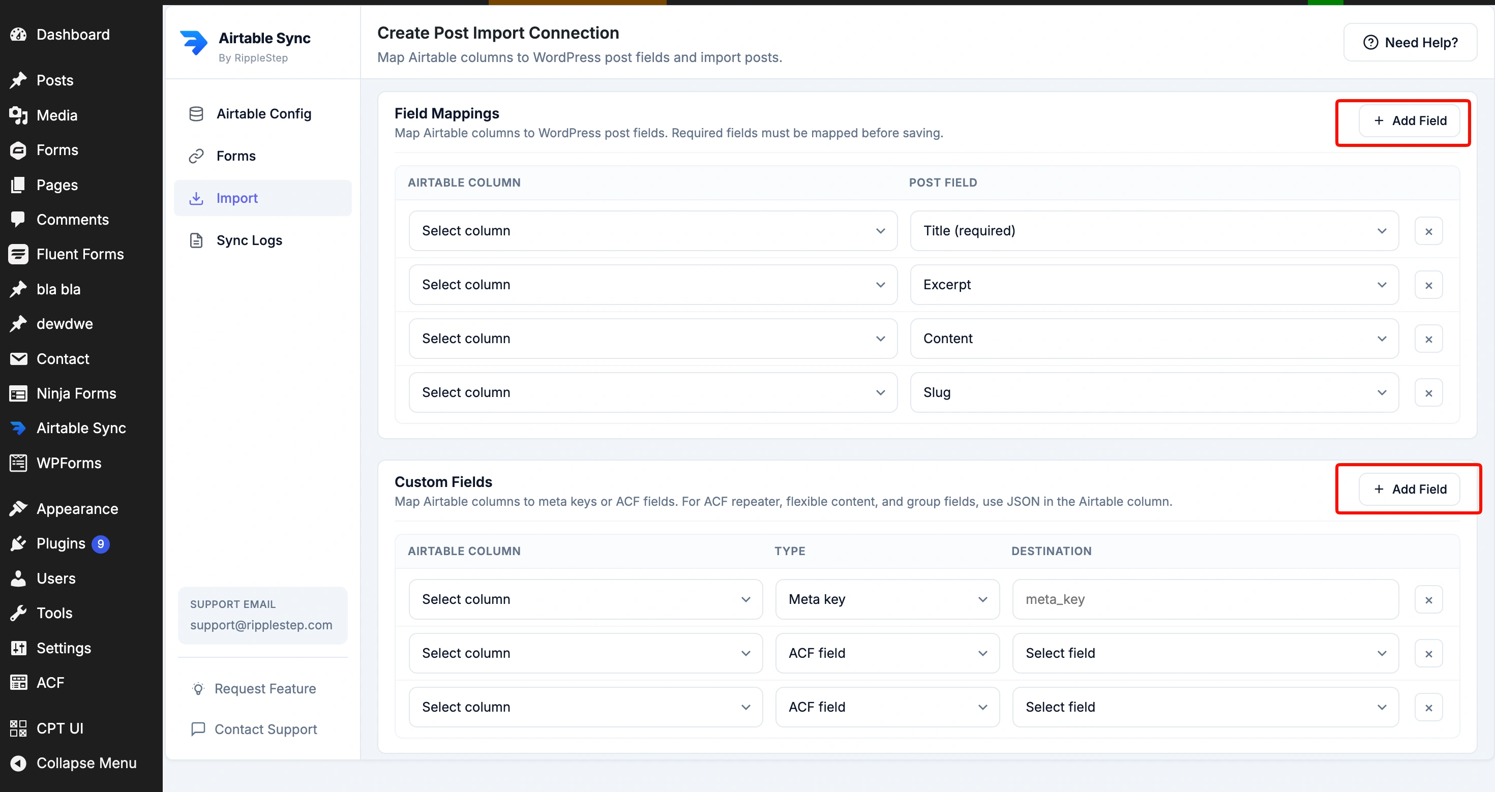 Mapping Airtable columns to WordPress post fields in the import connection
