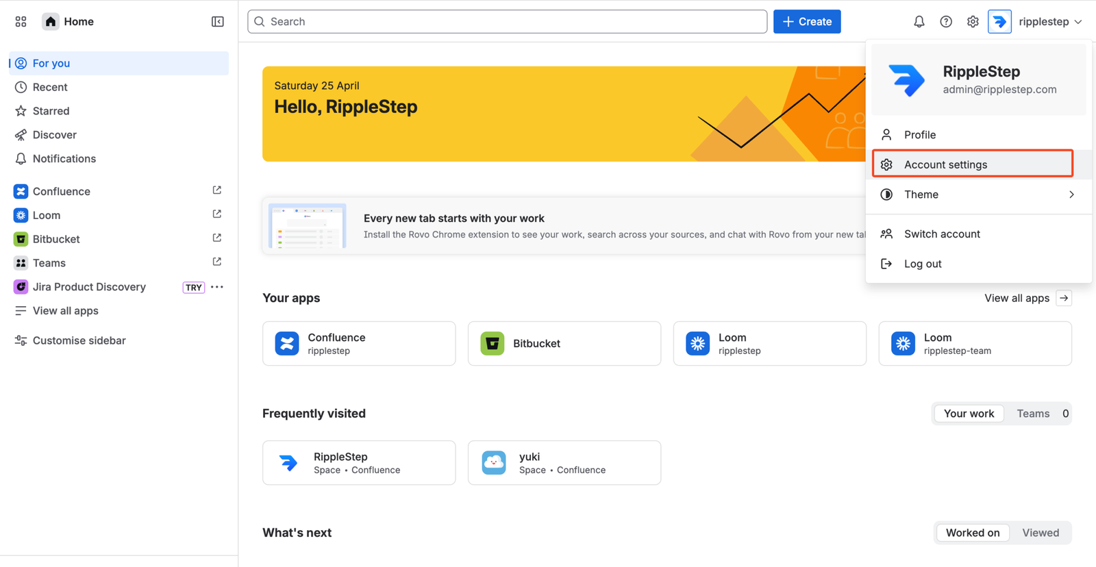 Atlassian account menu with Account Settings option highlighted