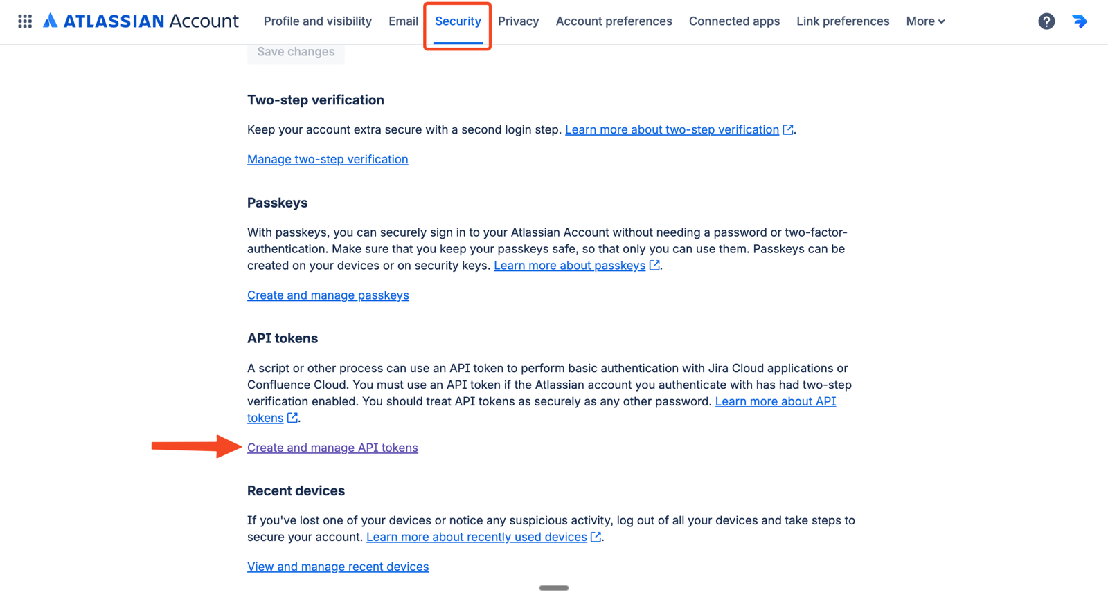 Atlassian API tokens page with create API token button highlighted