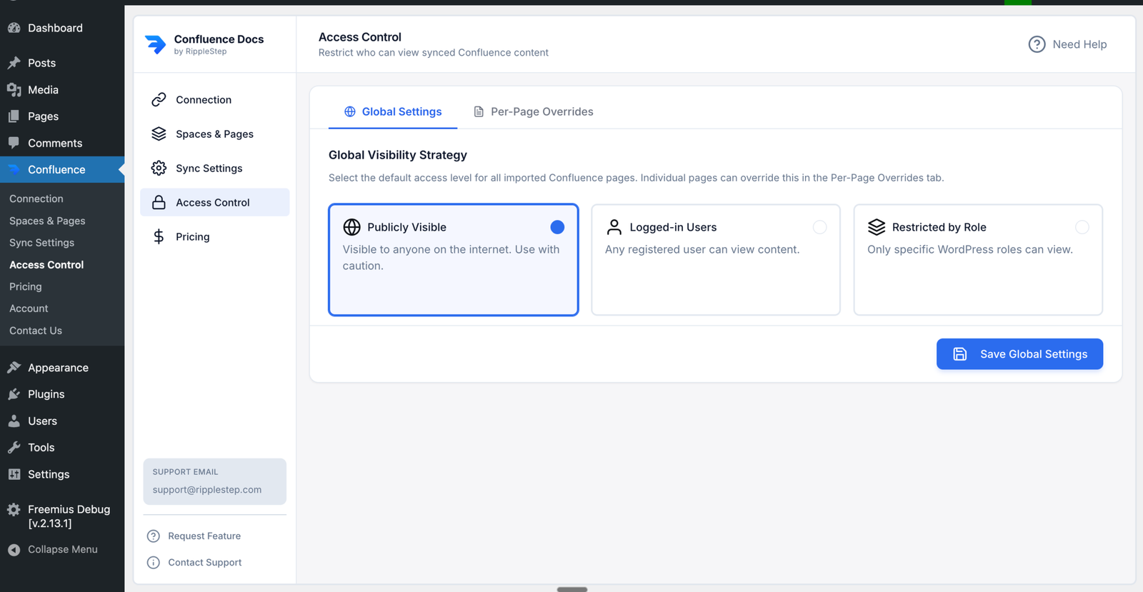 Access control settings for synced Confluence pages in WordPress
