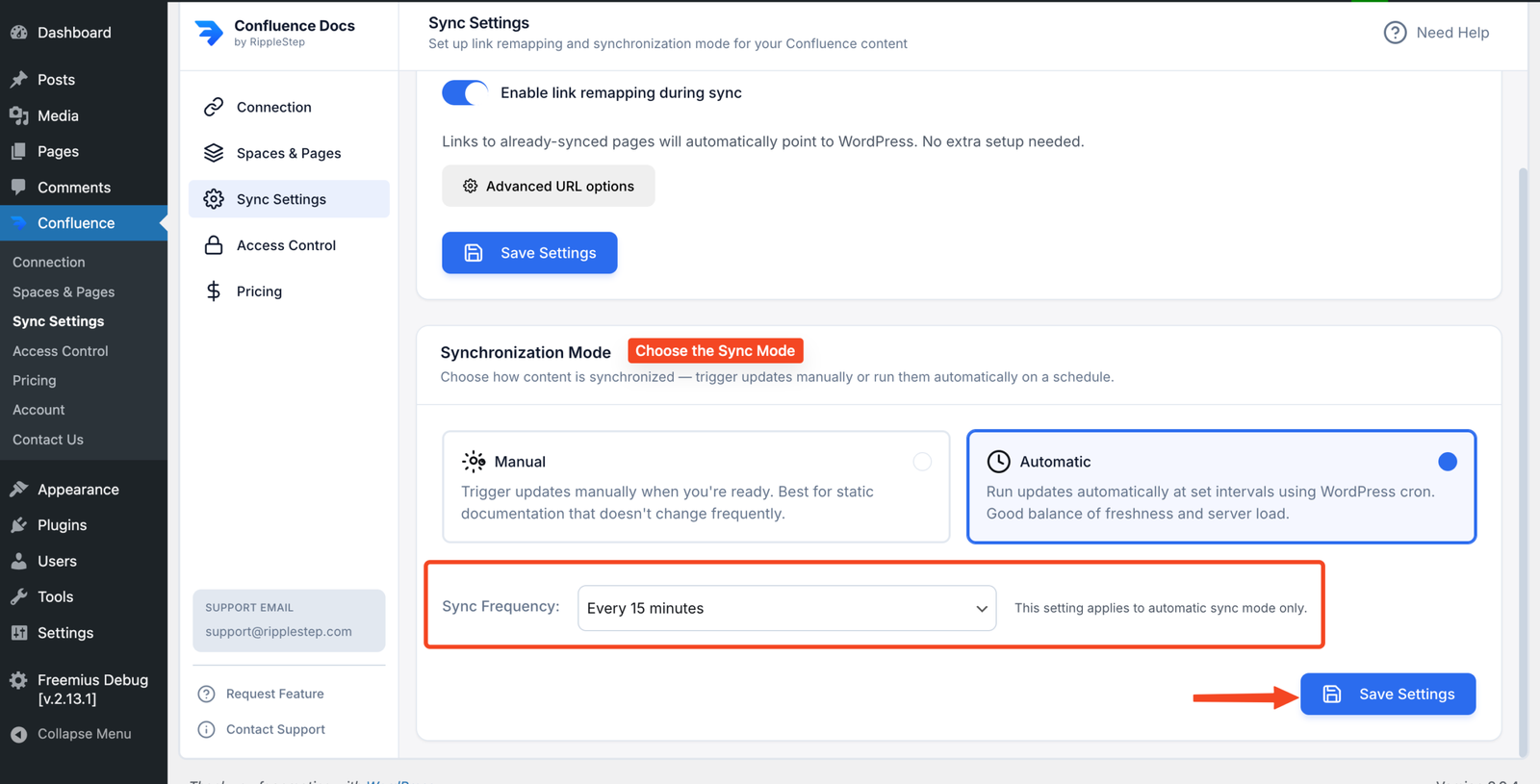 Choose sync mode and schedule in the Confluence Publisher Sync Settings tab