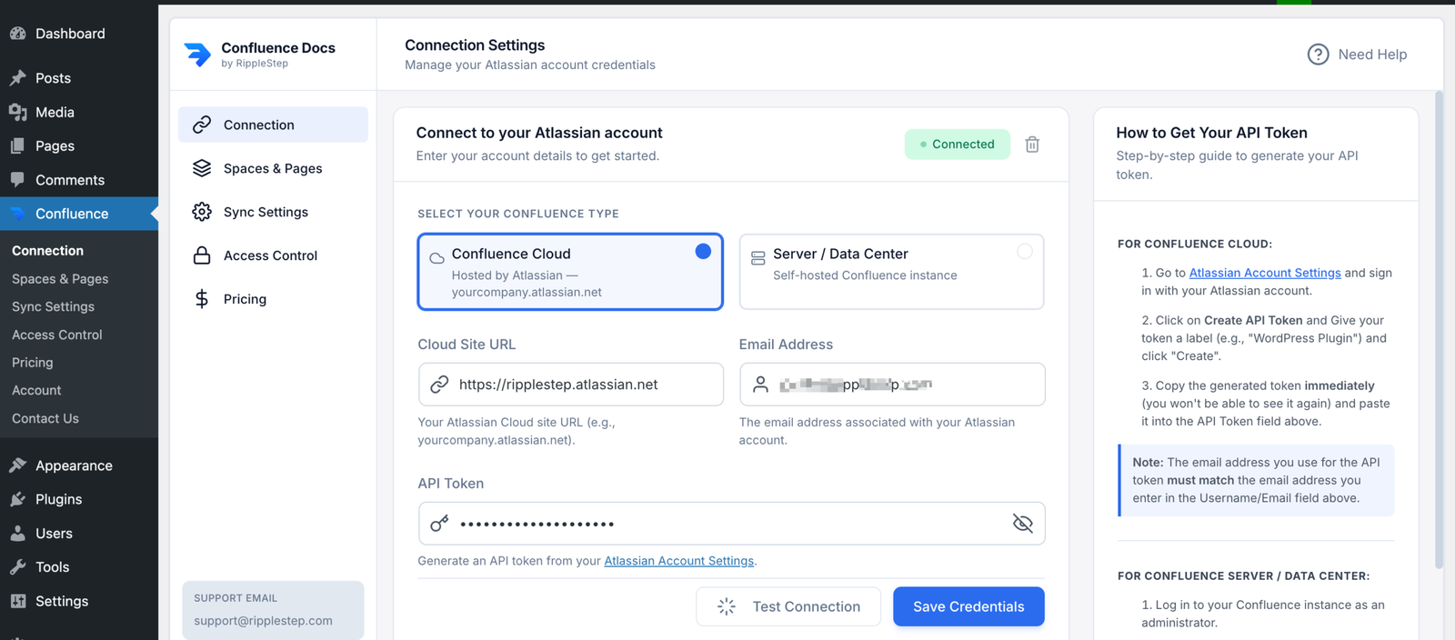 Confluence Publisher connection settings tab in WordPress admin