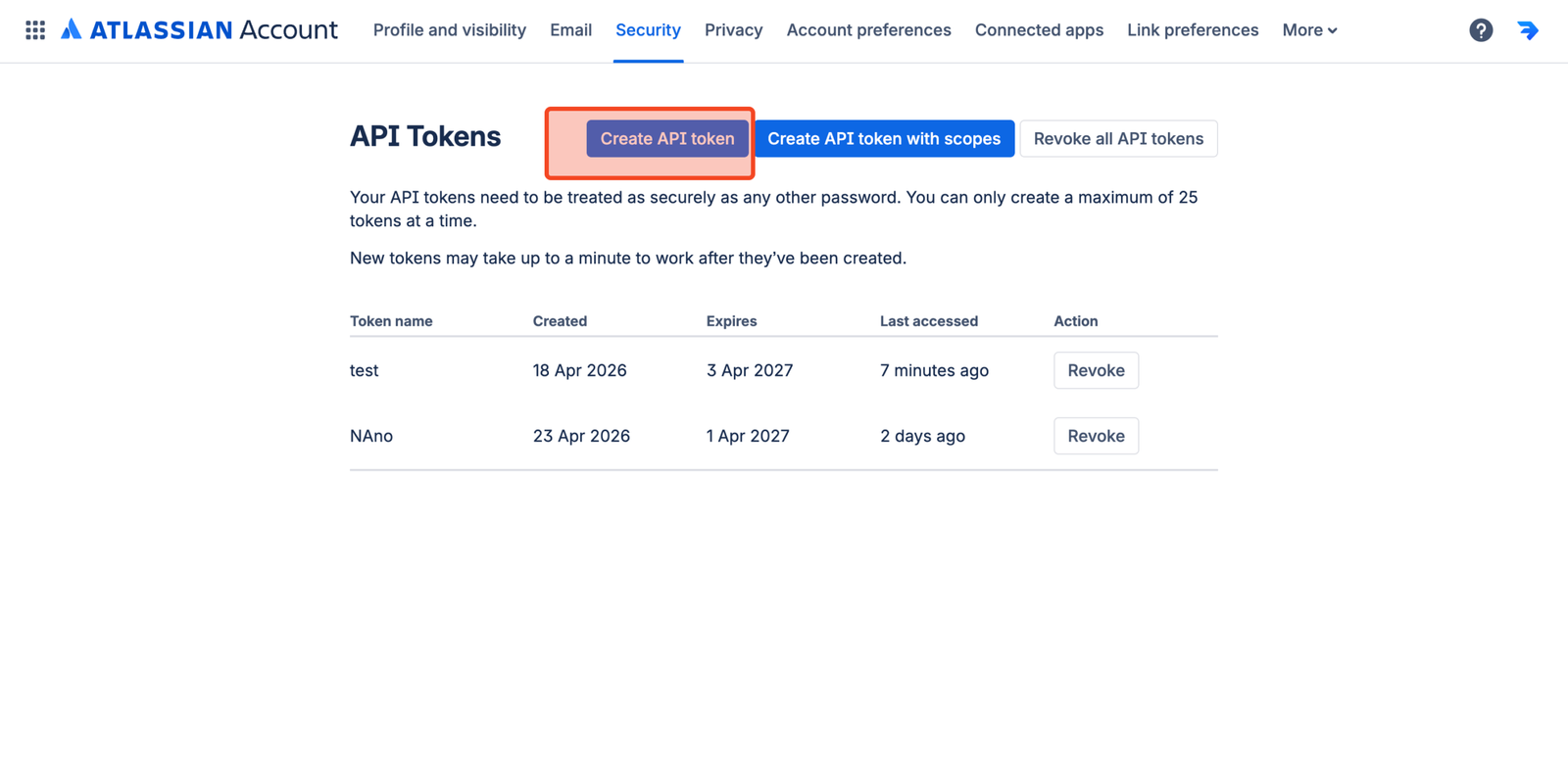 Atlassian token creation dialog for naming and generating a new API token