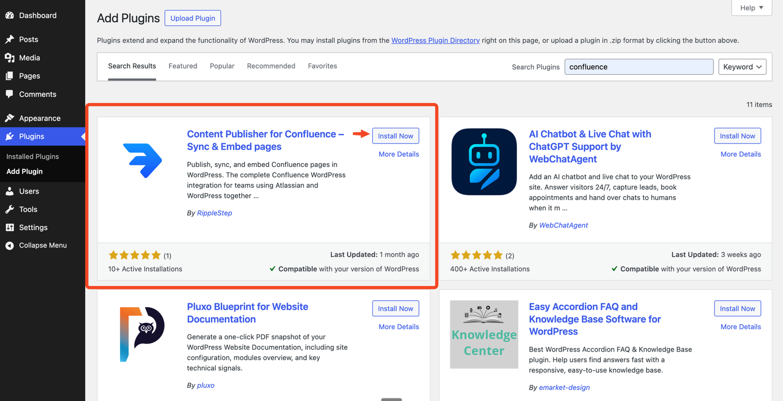 Install Content Publisher for Confluence from the WordPress Add Plugins screen