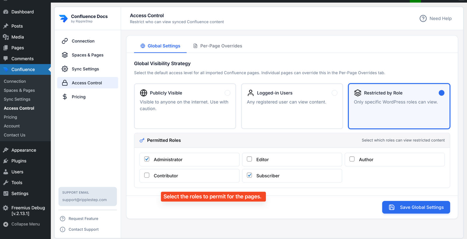 Choose global visibility strategy and restricted by role settings for synced pages