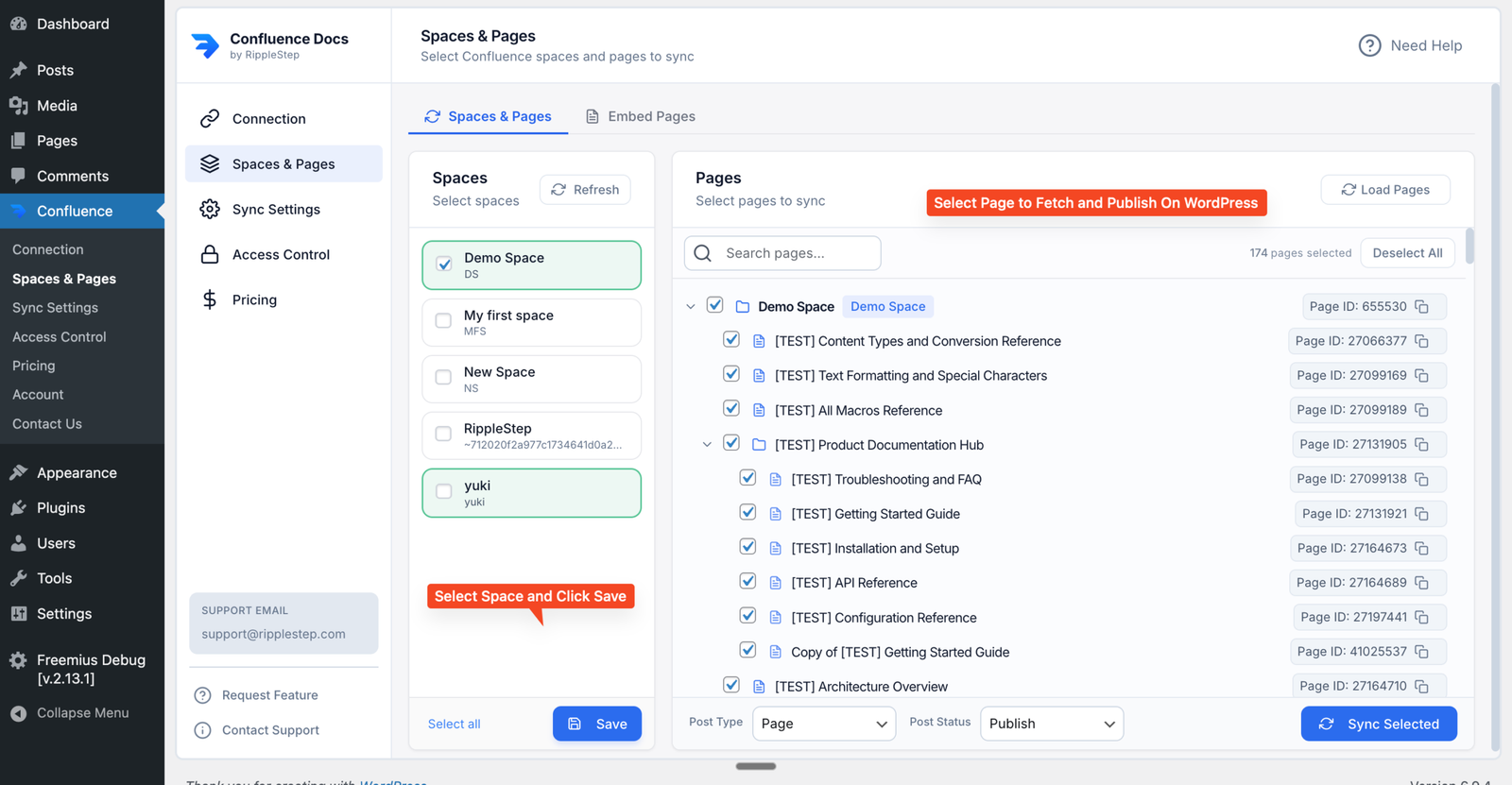 Confluence Publisher Spaces and Pages screen in WordPress admin